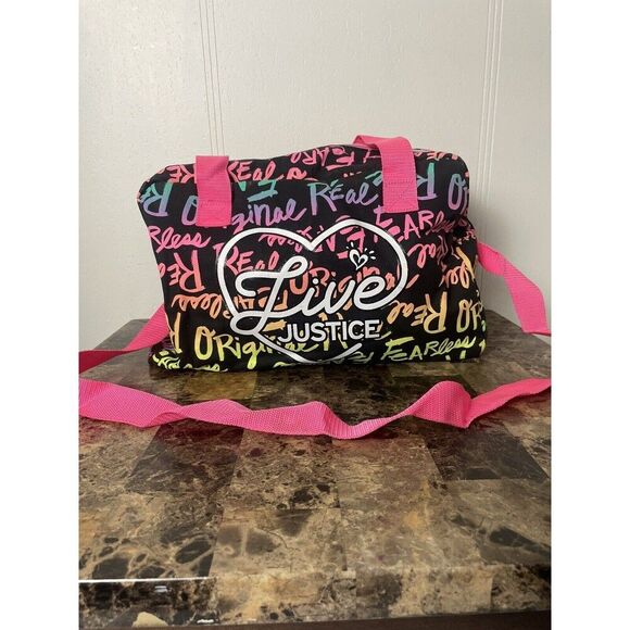 EUC GIRLS LIVE JUSTICE GRAFFITI NEON DUFFEL OVERNIGHT BAG CARRYON TOTE 16”X6X10” - Picture 1 of 4